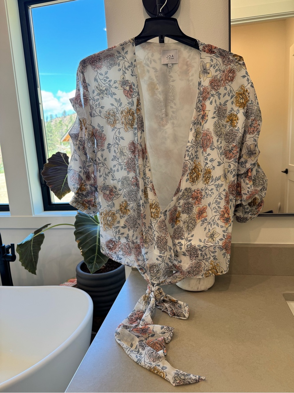 J.O.A. Floral Tie-Front Sheer Blouse in White, Pink, Gold